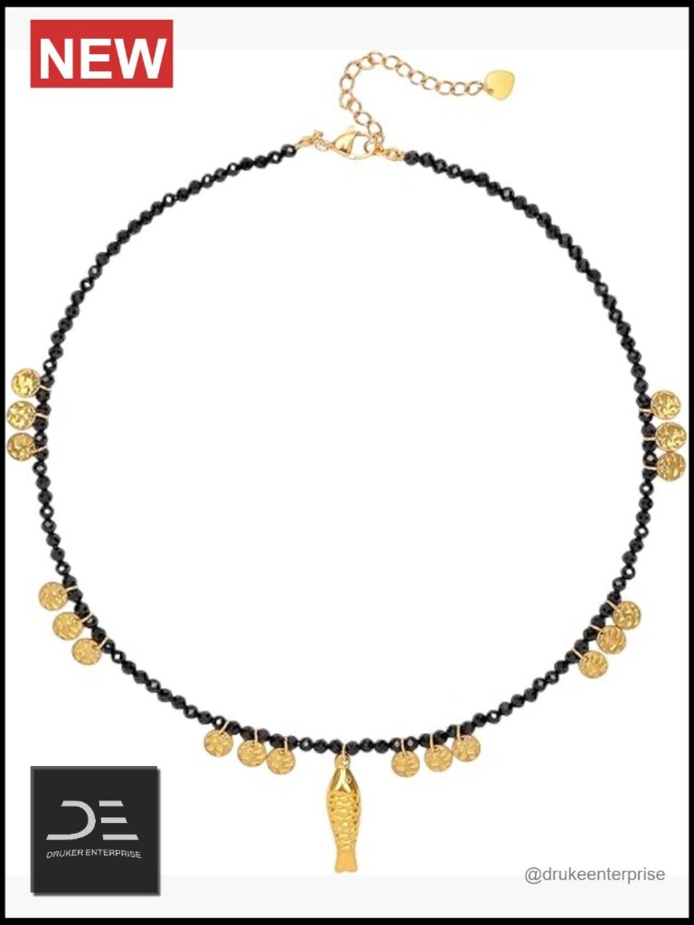 Natural Stone Beaded Choker Necklace with Gold Plated Fish Pendant
